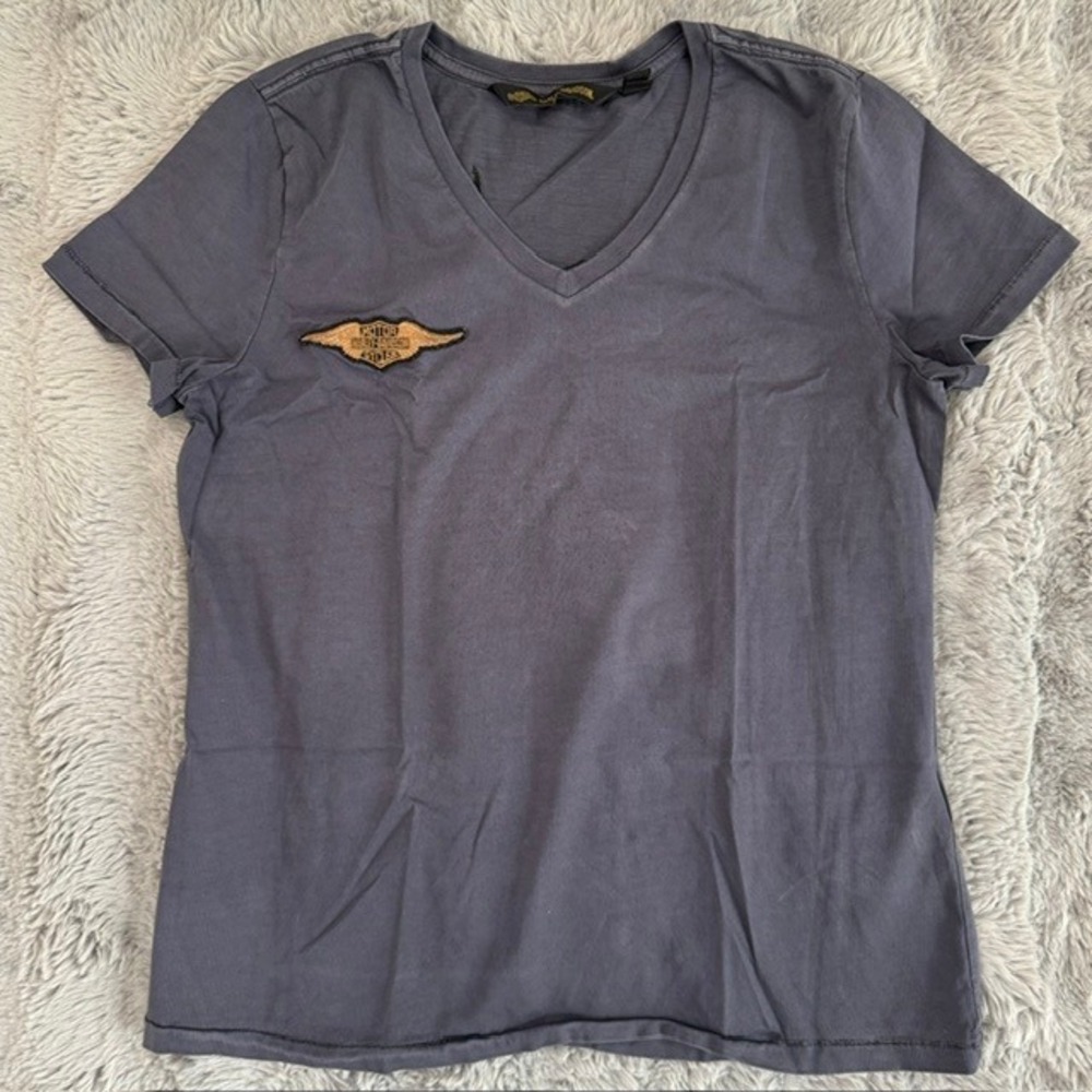 Harley-Davidson Women Large Gray V-Neck T-Shirt Embroidered Eagle Logo Top